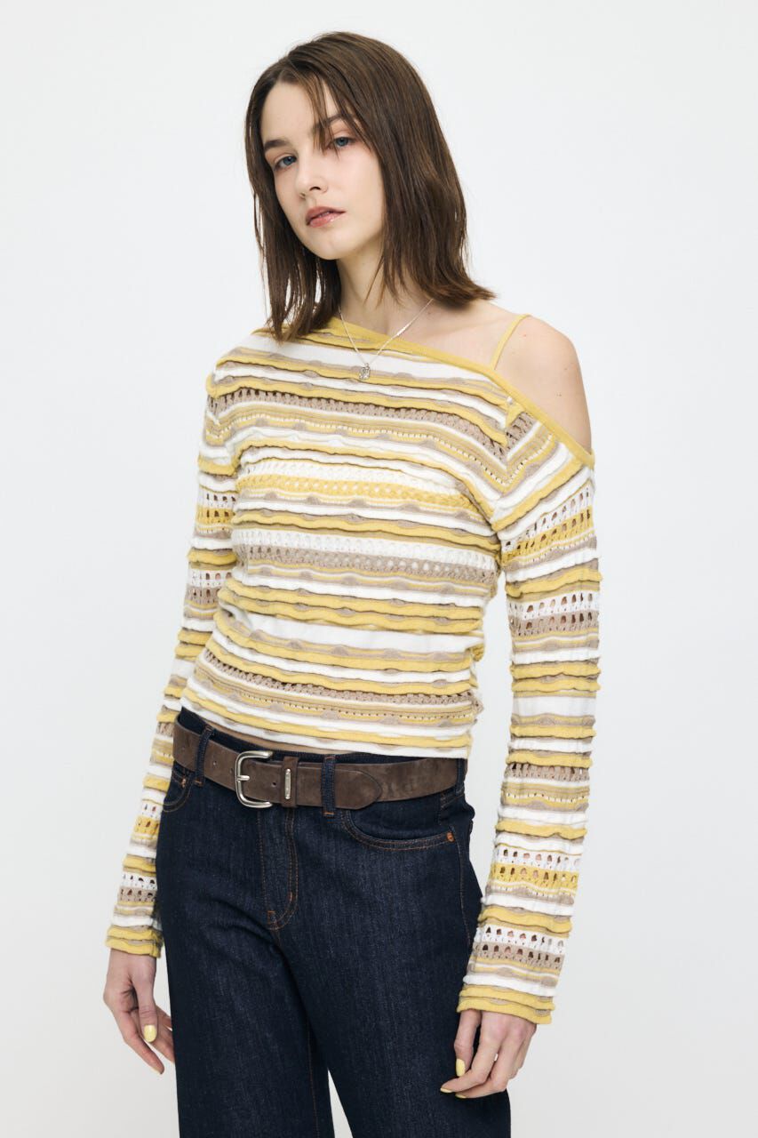 MOUSSY「RANDOM STRIPE OFF SHOULDER トップス」|ニット・セーター|