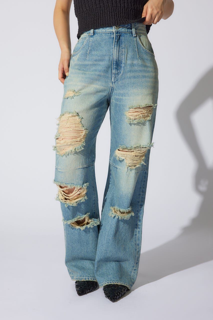 rienda「クラッシュワイドジャストウエストデニムパンツ」|デニム|