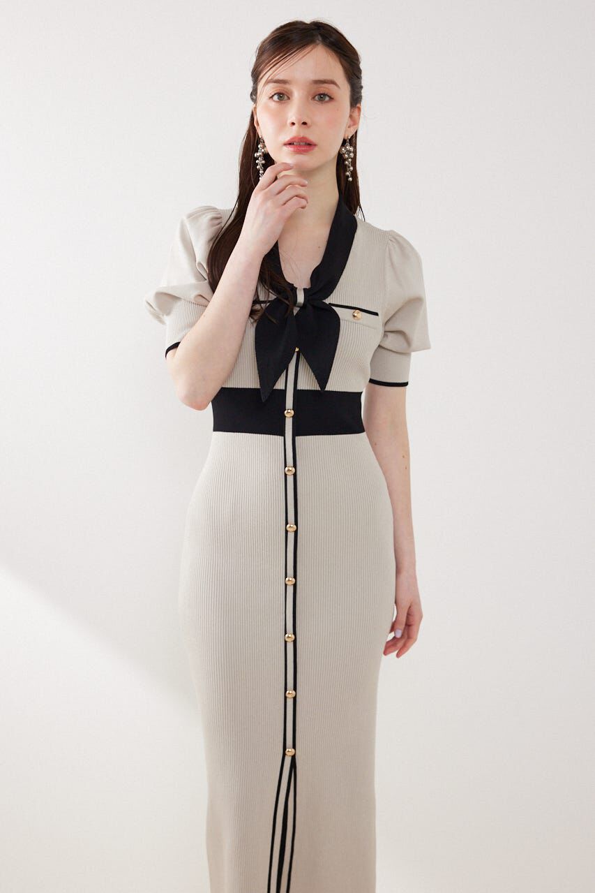 rienda「バイカラーパフスリーブタイトニットワンピース」|ワンピース|