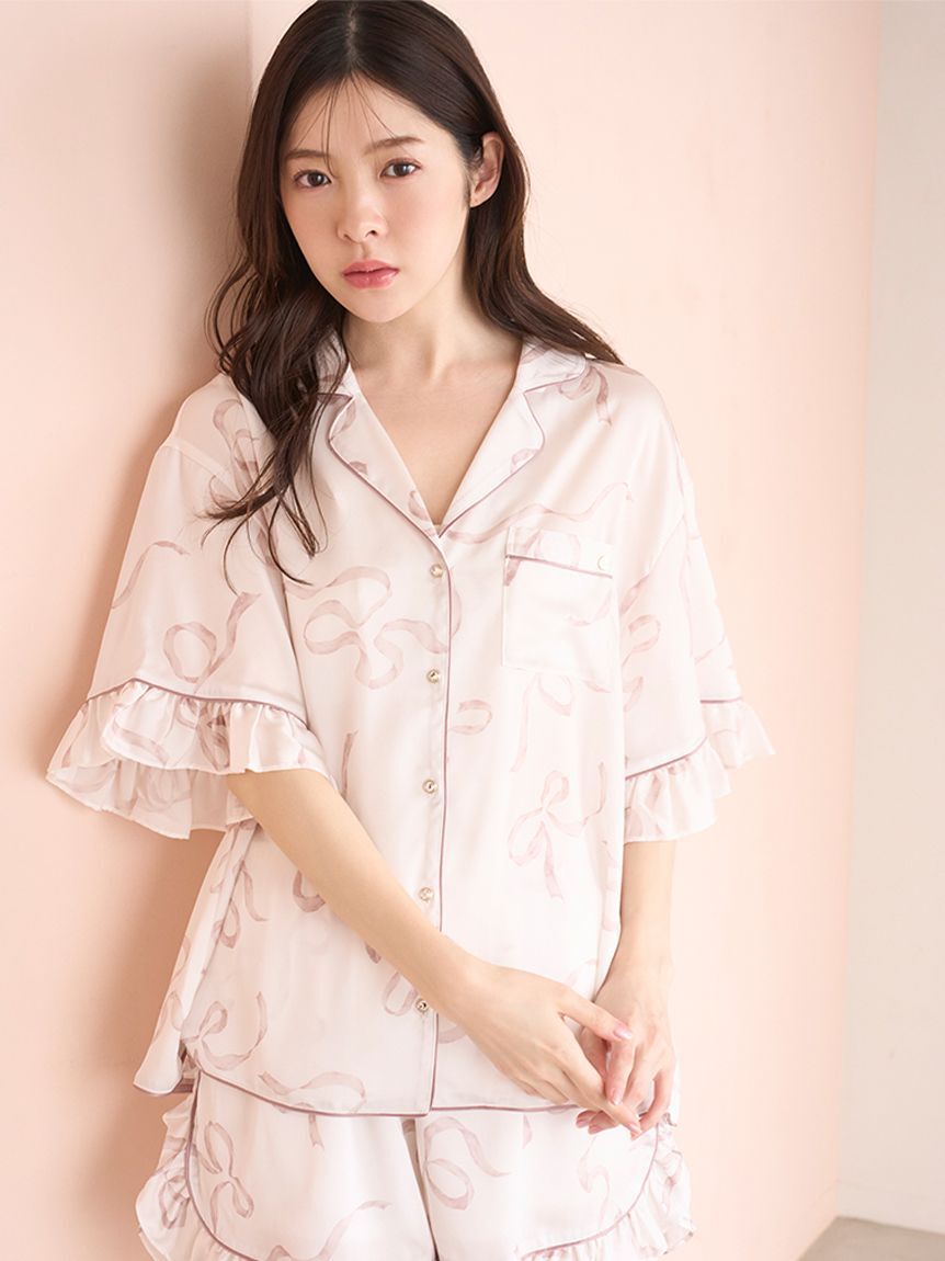 SNIDEL HOME「【Luxshine】【接触冷感】フリルリボン開襟シャツ」|ルームウェア|PNK