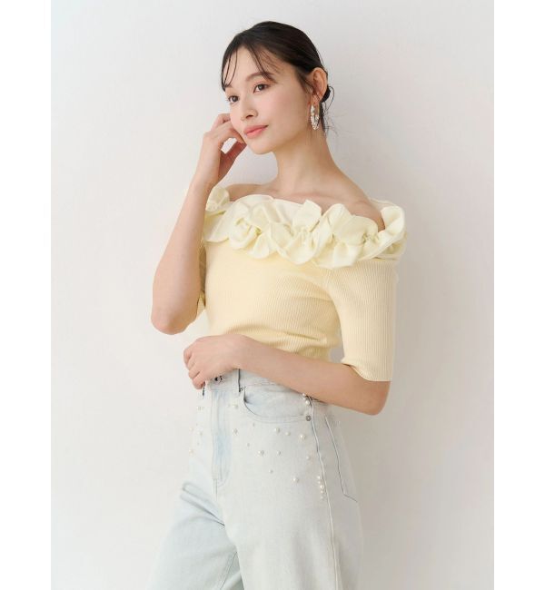 MERCURYDUO「2WAY異素材ランダムラッフルニット」|ニット・セーター|レモン