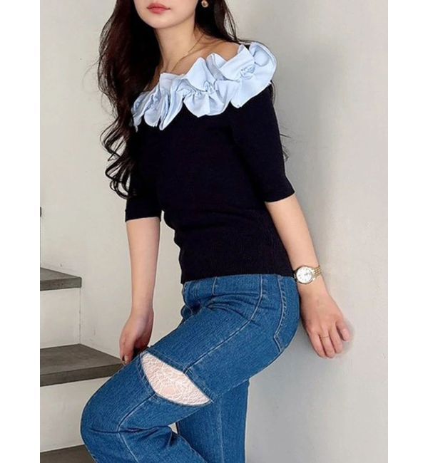 MERCURYDUO「2WAY異素材ランダムラッフルニット」|ニット・セーター|ネイビー