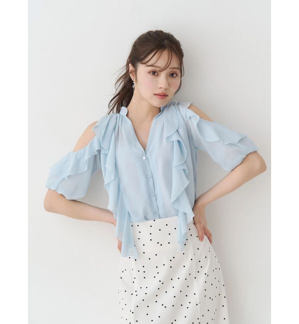 MERCURYDUO「ラッフルオープンショルダーブラウス」|シャツ・ブラウス|アイスブルー