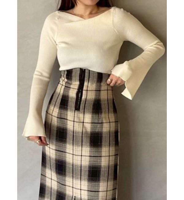 LAGUNAMOON「アシンメトリードレープフレアスリーブニット」|ニット・セーター|