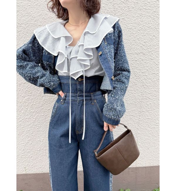 LAGUNAMOON「ツイードライクノーカラーデニムジャケット」|デニムジャケット|