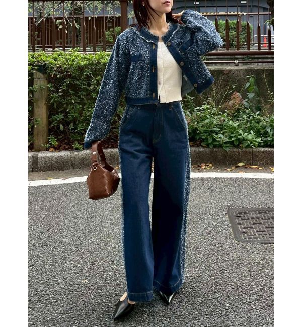 LAGUNAMOON「ツイードライクノーカラーデニムジャケット」|デニムジャケット|