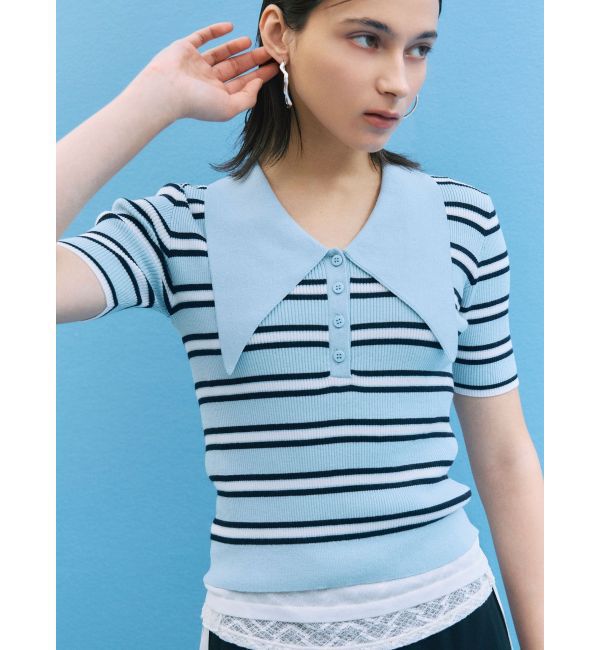 LAGUNAMOON「ヘムレイヤードビッグカラーポロニットプルオーバー」|ニット・セーター|ブルー