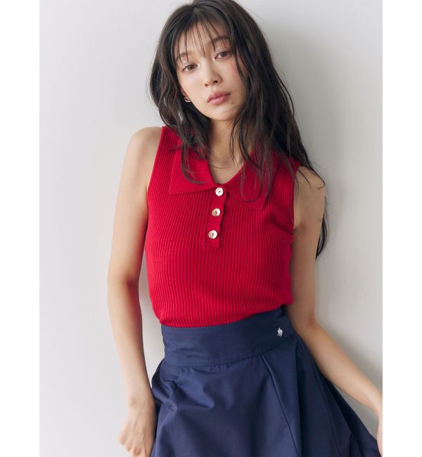 LAGUNAMOON「シャツカラーノースリニットプルオーバー」|ニット・セーター|レッド