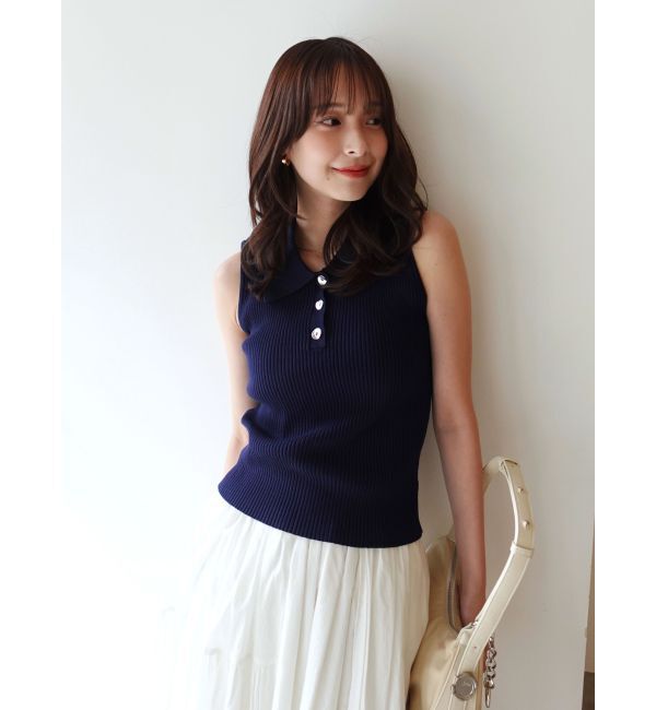 LAGUNAMOON「シャツカラーノースリニットプルオーバー」|ニット・セーター|ネイビー