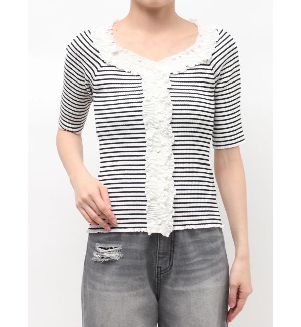 LAGUNAMOON「リブフリルハーフスリーブカーデニットプルオーバー」|カーディガン|