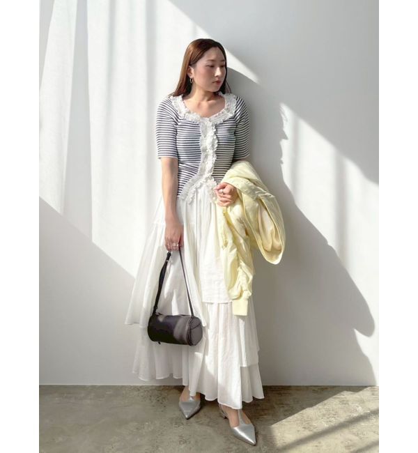 LAGUNAMOON「リブフリルハーフスリーブカーデニットプルオーバー」|カーディガン|