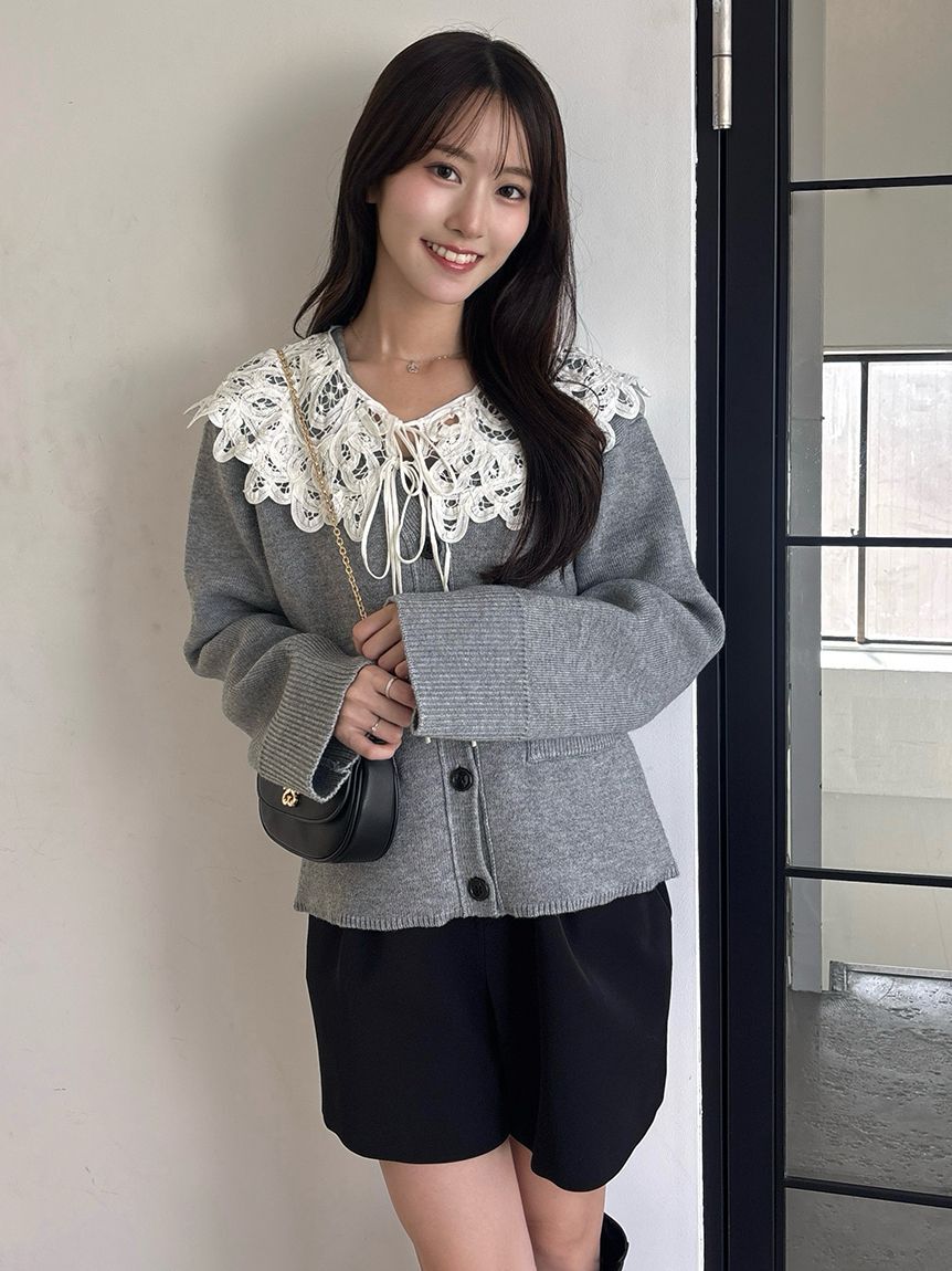 SNIDEL「バテンレースカラーニットカーディガン」|カーディガン|GRY