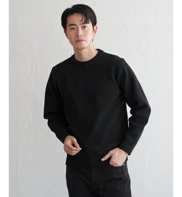 ikka「GOKU楽ニット鹿の子クルー」|プルオーバー|ブラック