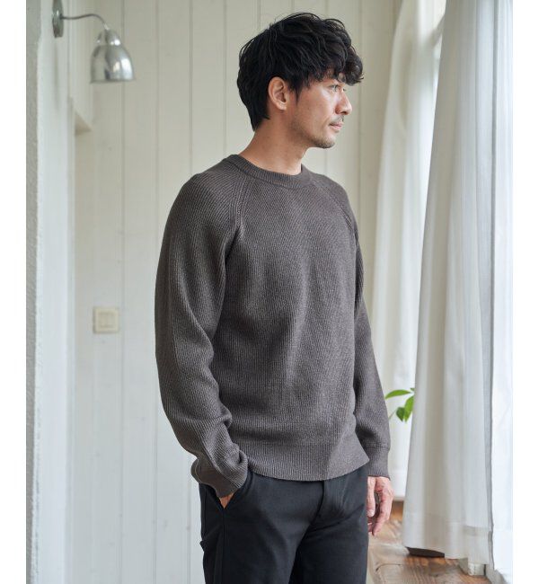 ikka「ウォッシャブル畦クルーネックニット」|プルオーバー|チャコール