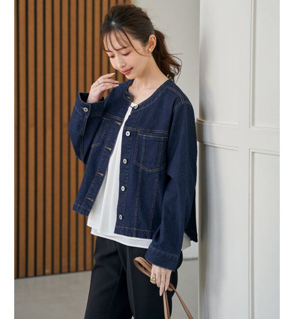 ikka「【雑誌InRed4月号掲載】ストレッチデニムノーカラーシャウター【親子コーデ】」|ノーカラーコート|