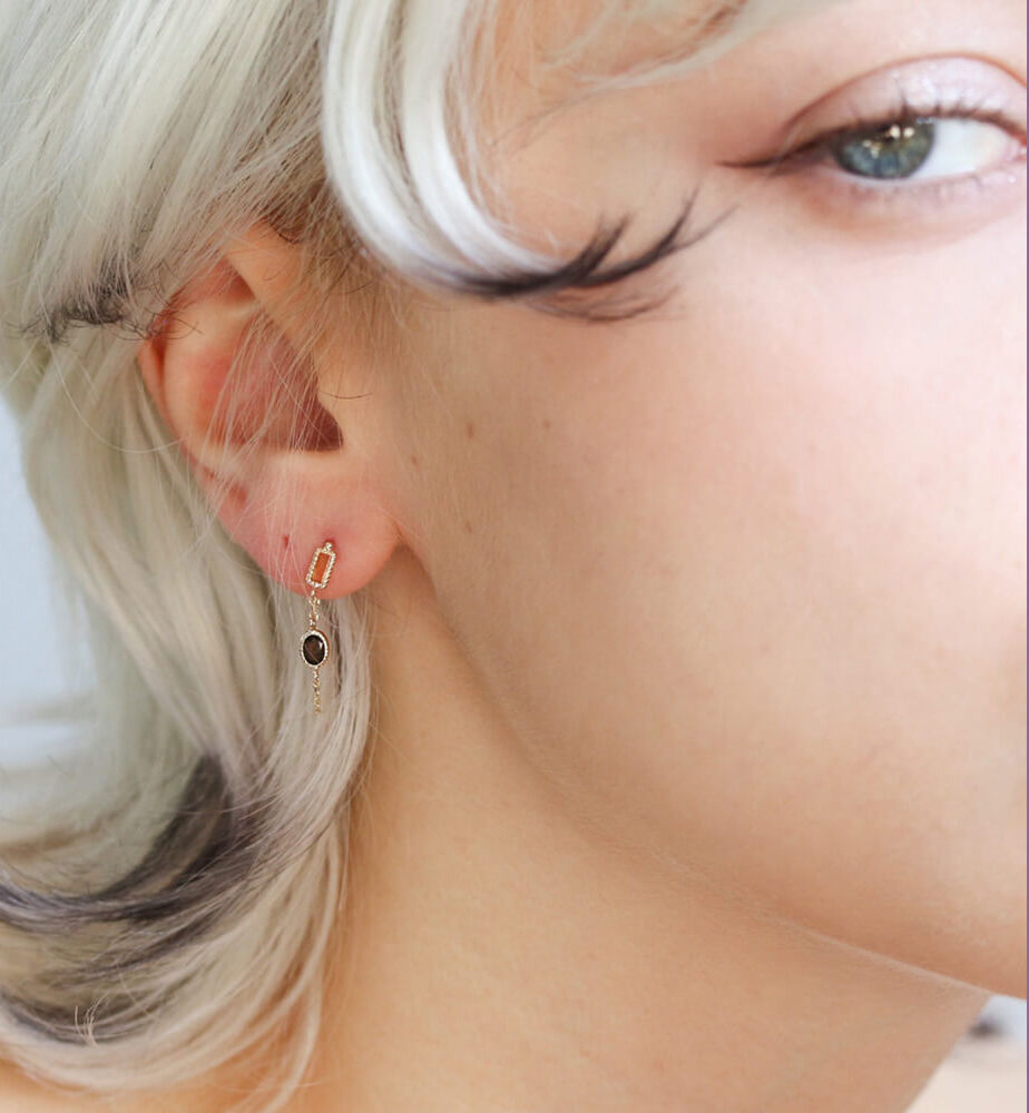  「シトリン / スモーキークォーツ チェーンフープ ピアス | K10YG」|ピアス|