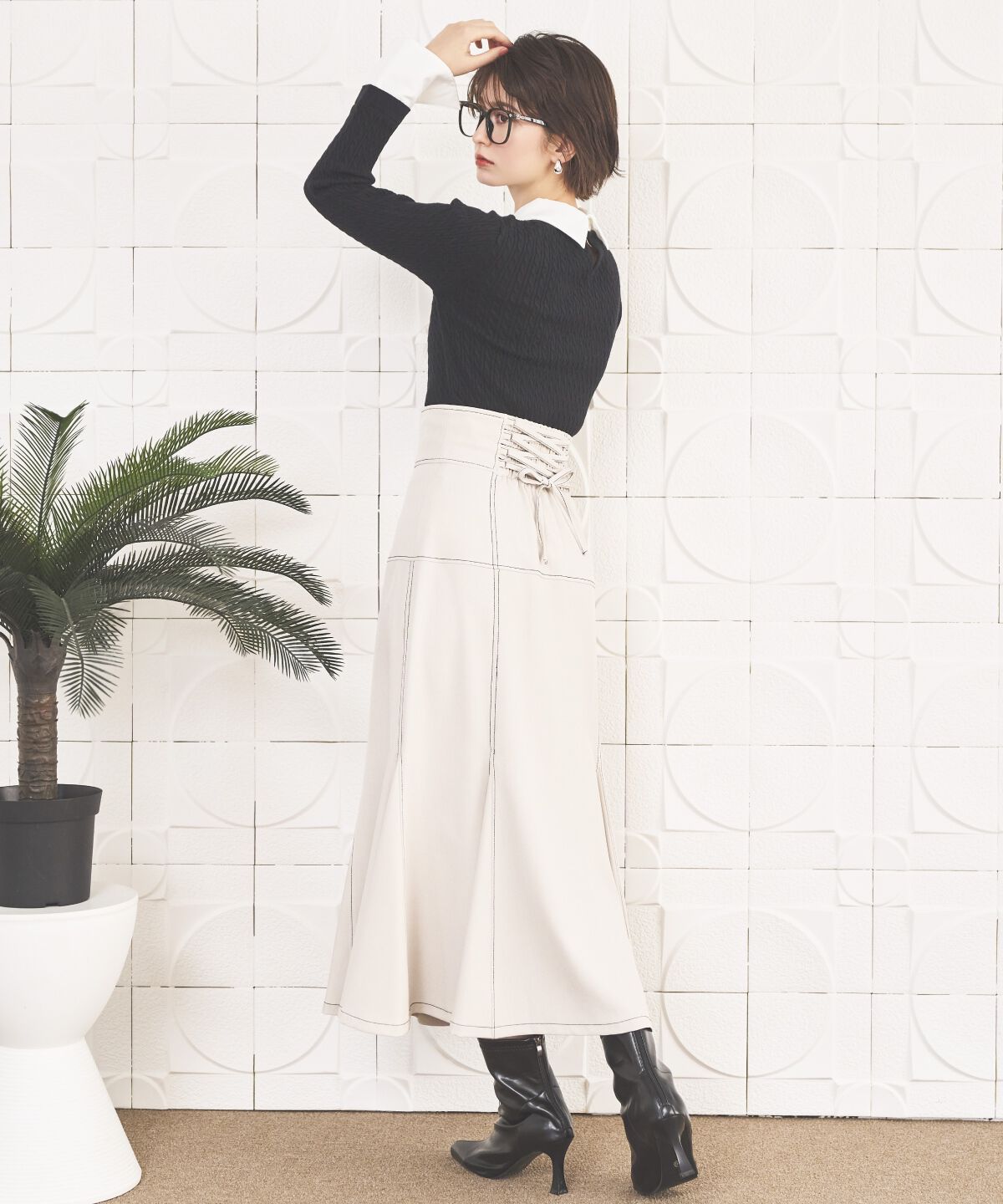 アンドクチュール「ハイウエストコルセットステッチスカート」|フレア|ベージュ