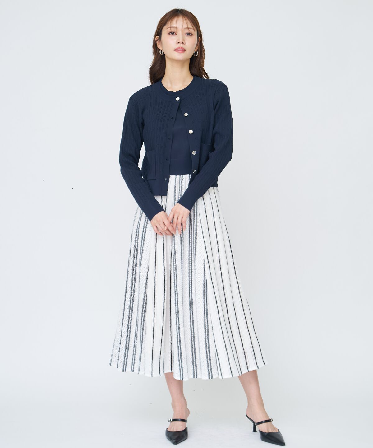 アンドクチュール「ラッセルストライプロングスカート」|フレア|