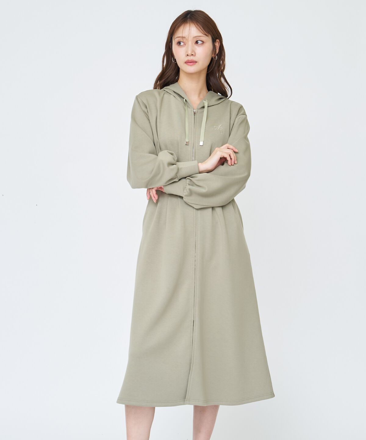 アンドクチュール「フード付きZIPワンピース」|ワンピース|カーキ