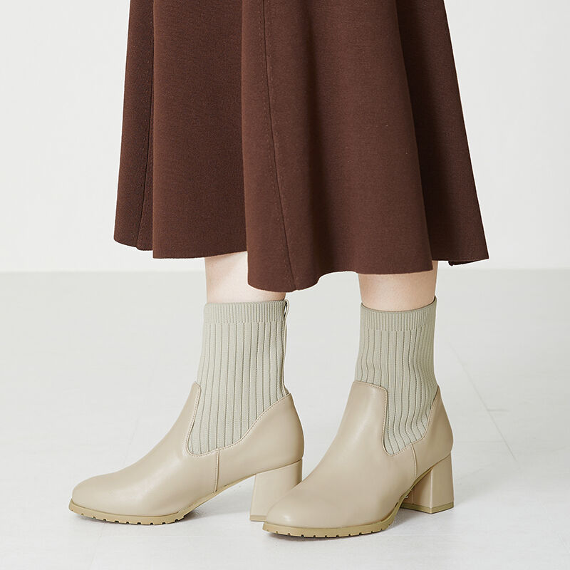 ORiental TRaffic「【 美脚 】スクエアトゥ ニット ヒール ブーツ /31403  足首柔らか ヒール6cm」|ショートブーツ|BEIGE