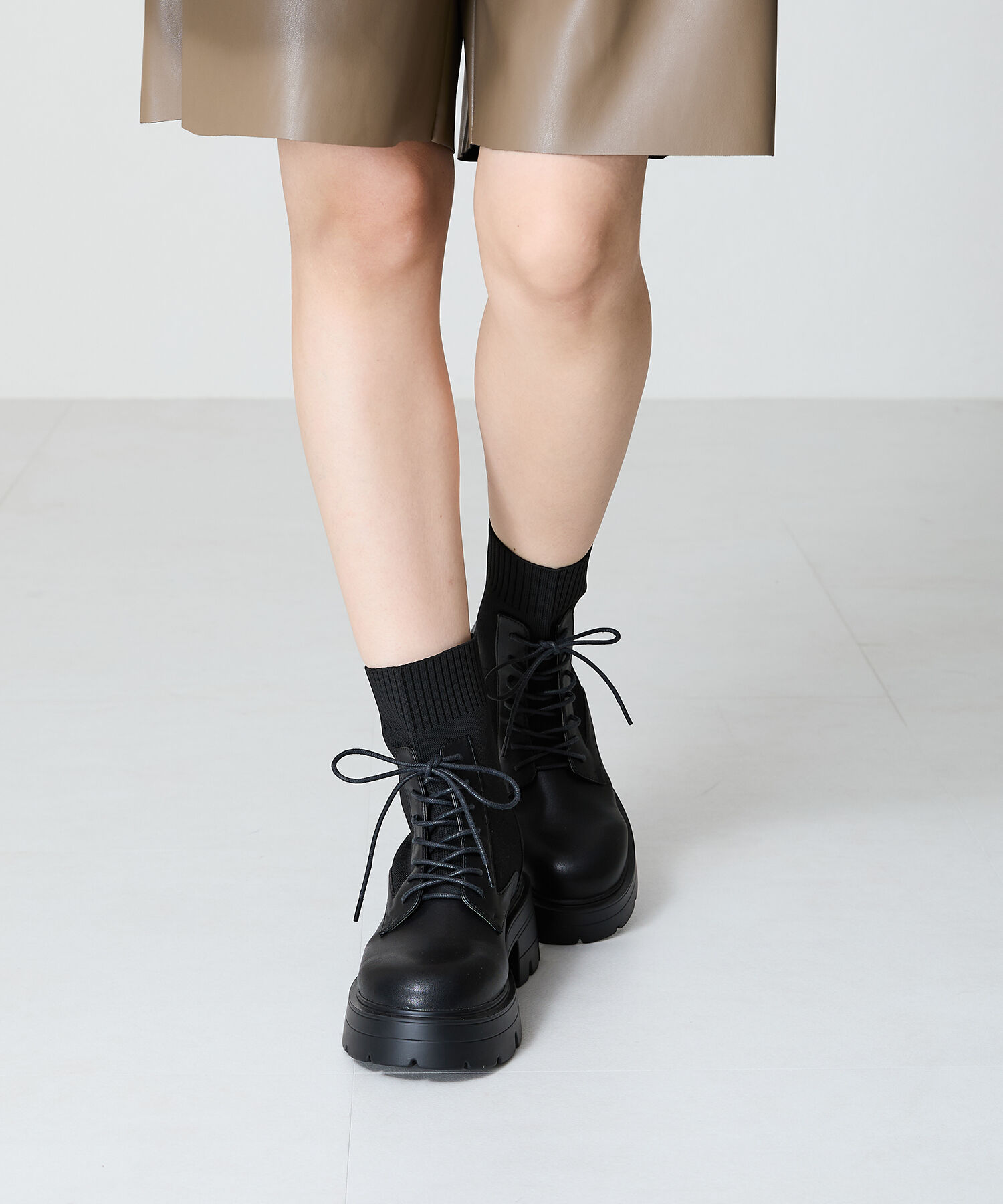 ORiental TRaffic「ニット ソックス レースアップブーツ/41431 厚底 柔らかい」|ショートブーツ|