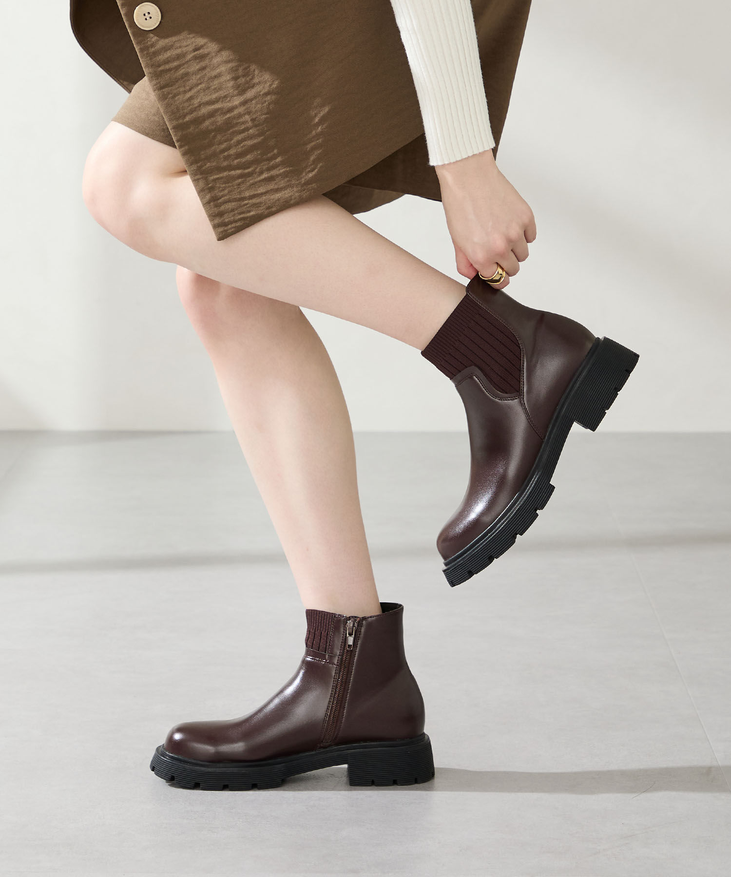 ORiental TRaffic「ニット ドッキング タンクソール ブーツ /51412」|ショートブーツ|RED