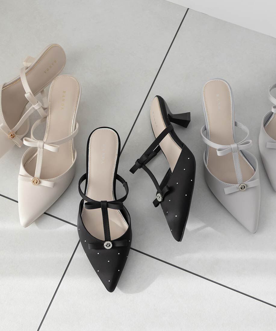  「ビジューリボンTストラップミュールパンプス」|パンプス|