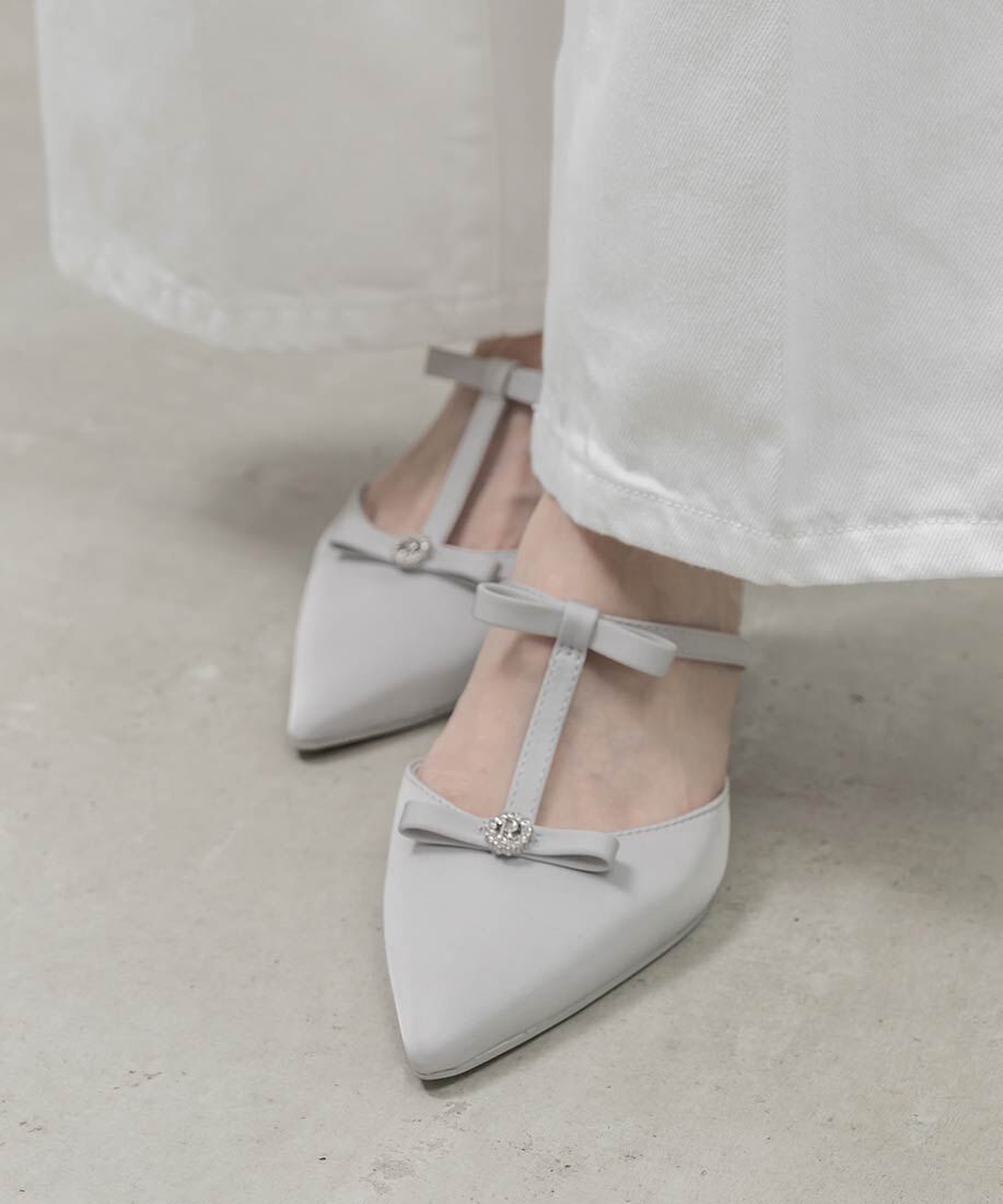  「ビジューリボンTストラップミュールパンプス」|パンプス|