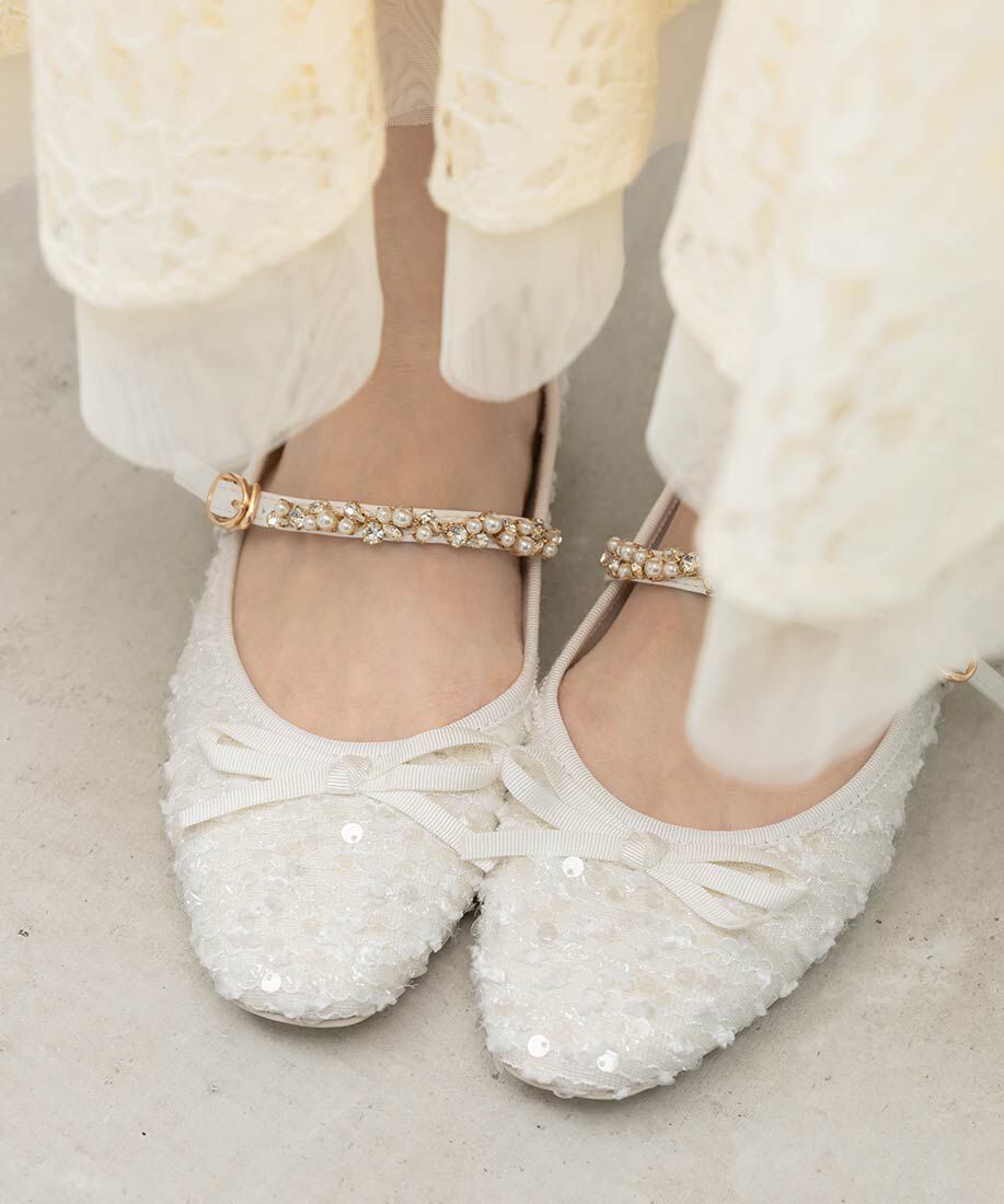  「ビジューストラップバレエシューズ」|パンプス|ホワイト