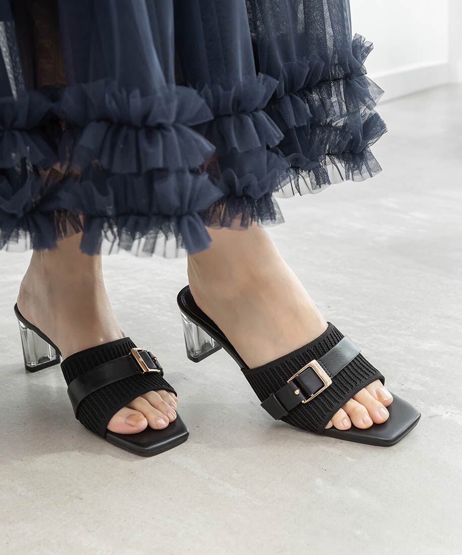  「【SUSTAINABLE】ベルトデザインニットミュールサンダル」|パンプス|ブラック