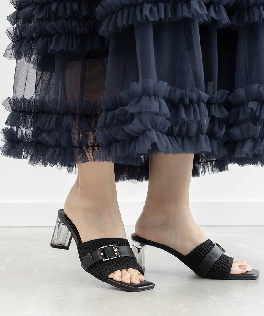  「【SUSTAINABLE】ベルトデザインニットミュールサンダル」|パンプス|