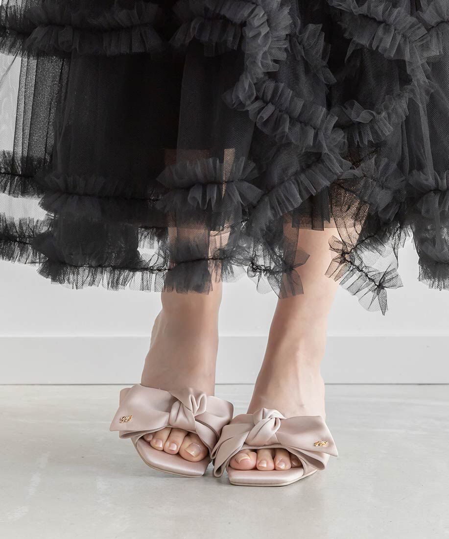  「リボンデザインスクエアトゥミュールサンダル」|パンプス|