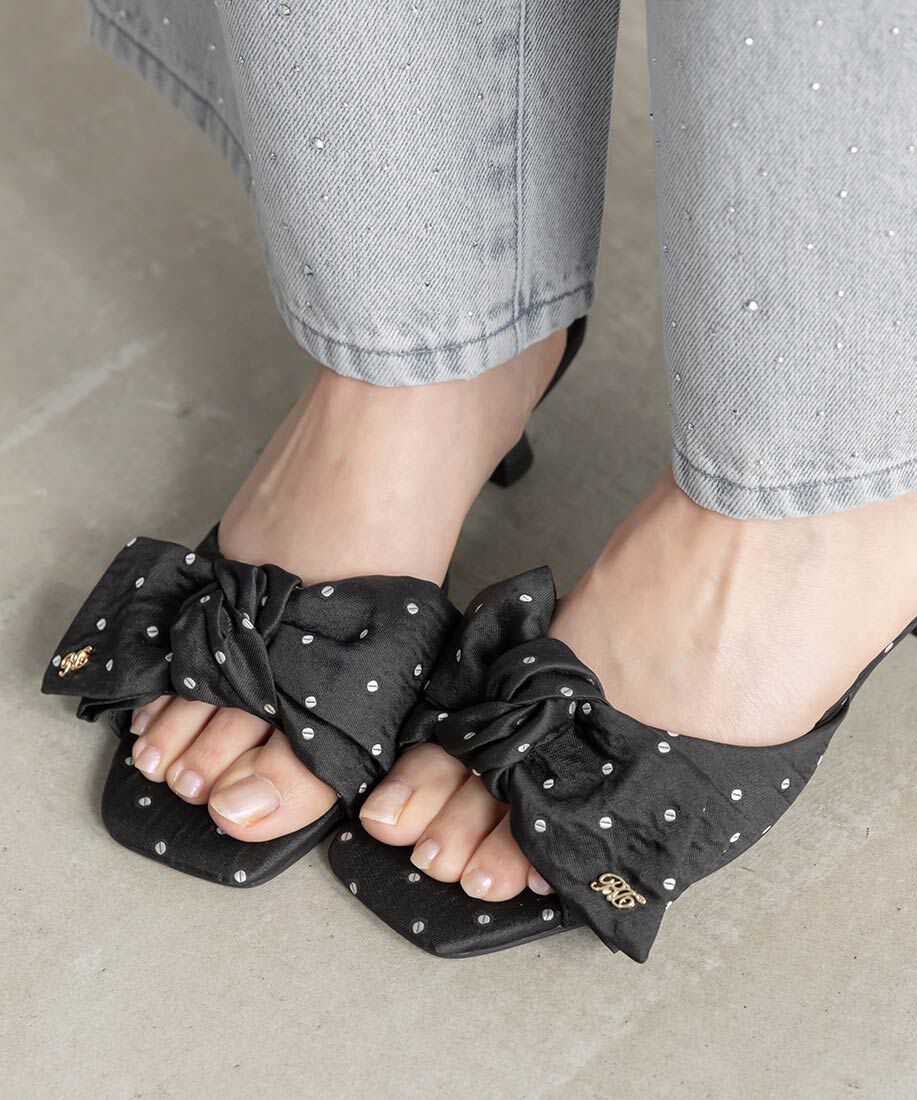  「リボンデザインスクエアトゥミュールサンダル」|パンプス|