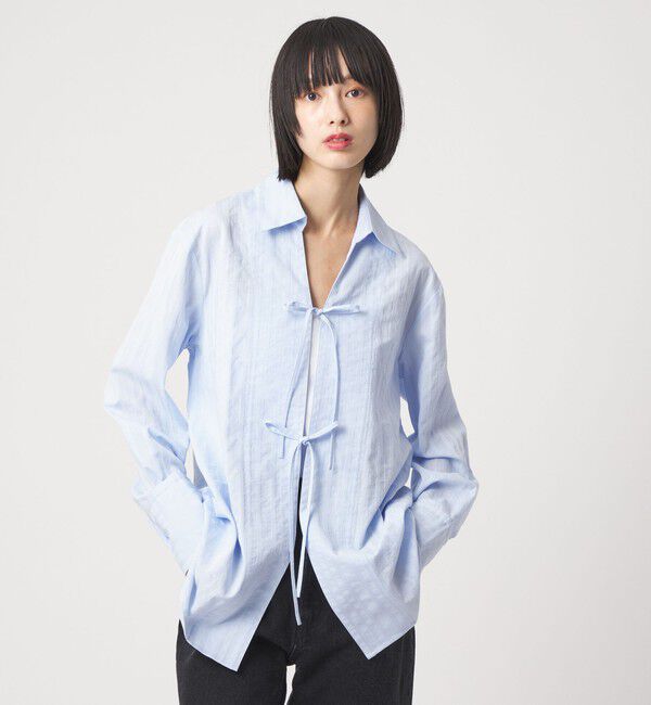 EMMEL REFINES「＜EMMEL REFINES＞EM C/ドビー ストライプ リボン シャツ」|シャツ・ブラウス|LT.BLUE