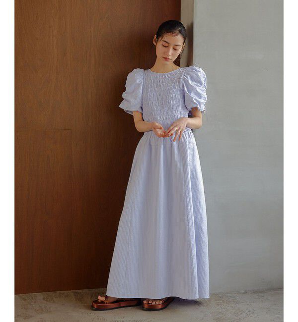 EMMEL REFINES「＜EMMEL REFINES＞EM ストライプ シャーリング フレア ワンピース」|ワンピース|LT.BLUE