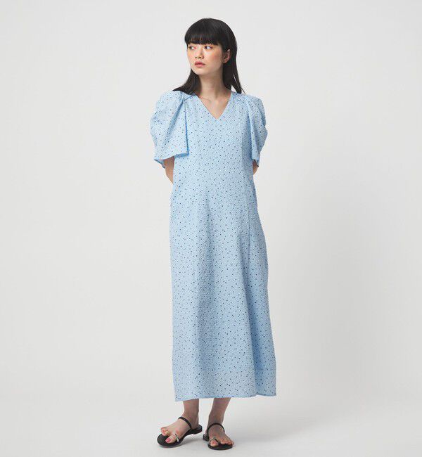 EMMEL REFINES「＜EMMEL REFINES＞EM ドットプリント タックギャザースリーブ ワンピース」|ワンピース|LT.BLUE
