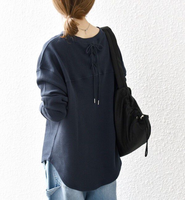 SHIPS any「SHIPS any:〈洗濯機可能〉ワッフル  レースアップ ラウンドヘム プルオーバー」|Tシャツ・カットソー|