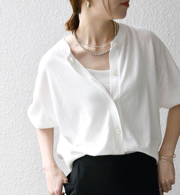 SHIPS any「SHIPS any:〈手洗い可能〉リネン ミックス ワイド パフ クルーネック シアー カーディガン」|カーディガン|