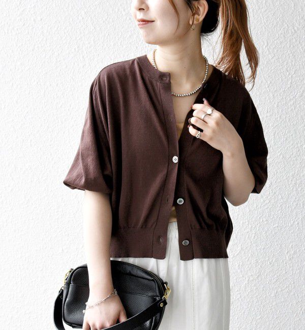 SHIPS any「SHIPS any:〈手洗い可能〉リネン ミックス ワイド パフ クルーネック シアー カーディガン」|カーディガン|