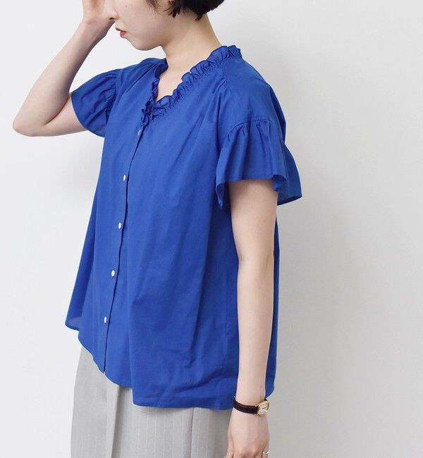 quaranciel「quaranciel:〈手洗い可能〉コットン フリルネック フレアスリーブ ブラウス」|シャツ・ブラウス|