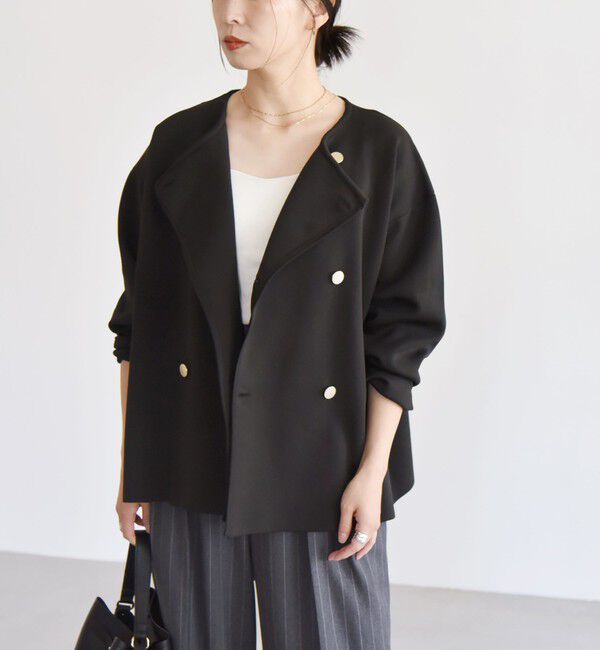 quaranciel「quaranciel:〈手洗い可能〉ニット ノーカラー ダブル ジャケット カーディガン」|カーディガン|