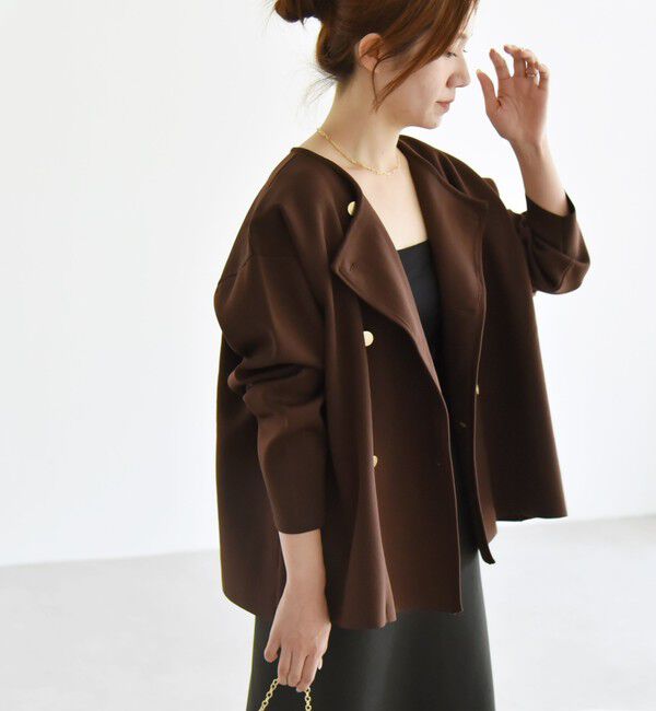 quaranciel「quaranciel:〈手洗い可能〉ニット ノーカラー ダブル ジャケット カーディガン」|カーディガン|