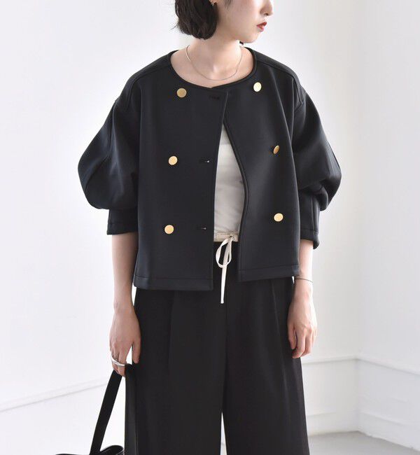 quaranciel「quaranciel:〈洗濯機可能〉ダブルジャージー ノーカラー コンパクト ジャケット」|ノーカラージャケット|ブラック