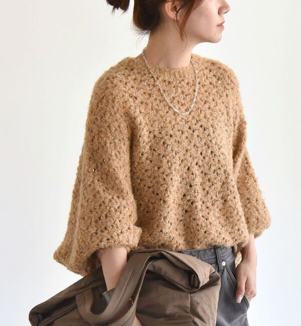 quaranciel「quaranciel:〈手洗い可能〉スパンコール レース編み クルーネック ドルマン ルーズ ニット」|ニット・セーター|