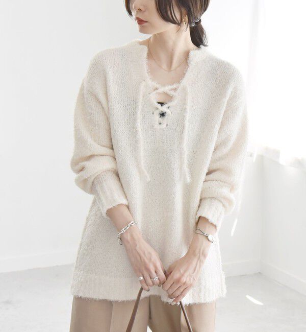 quaranciel「quaranciel:〈手洗い可能〉フェザーヤーン レースアップ ラメ スキッパー ニット」|ニット・セーター|