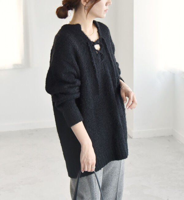 quaranciel「quaranciel:〈手洗い可能〉フェザーヤーン レースアップ ラメ スキッパー ニット」|ニット・セーター|