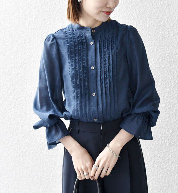 SHIPS any「SHIPS any:〈手洗い可能〉シアー フリル バンドカラー シャツ ブラウス」|シャツ・ブラウス|ネイビー