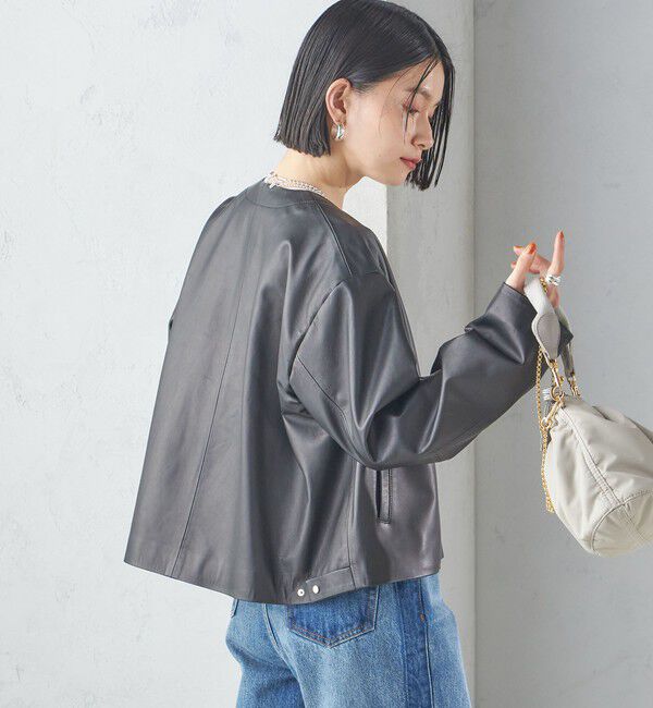 SHIPS for women「SHEEP レザー ノーカラー ブルゾン」|ノーカラージャケット|