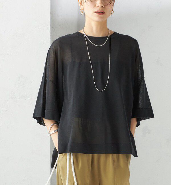 SHIPS for women「〈手洗い可能〉18G フィルミーコットン ワイド ショート スリーブ プルオーバー」|ニット・セーター|ブラック