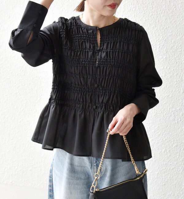 SHIPS any「【WEB限定】SHIPS any:〈洗濯機可能〉シアー シャーリング プチフリル ペプラム ブラウス」|シャツ・ブラウス|